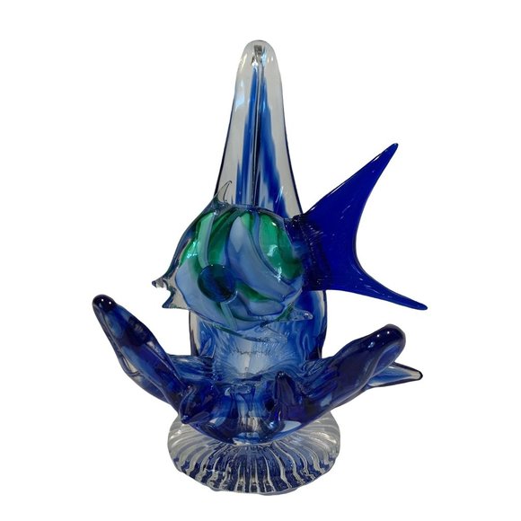 Fish Waves Glass Art Figurine Pedestal - Picture 1 of 11